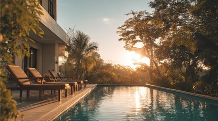 Serene Sunset Pool Reflection - Tranquil Outdoor Scene