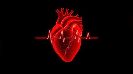 Red heart with ekg line illustrating health and medical concept on black background