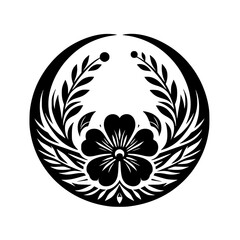 Japanese Floral Crest: Black & White Circular Design
