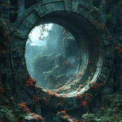 Ancient, overgrown, circular portal to a lush, misty valley