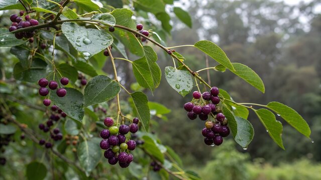 Indian Sherbet Berries on Rainy Tree &ndash; Wild Summer Fruit with Droplets
