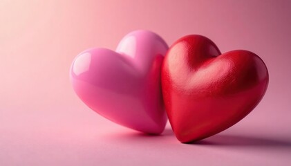 Close-up of two intertwined hearts, one pink, one red, on a soft background , love symbol, intimacy