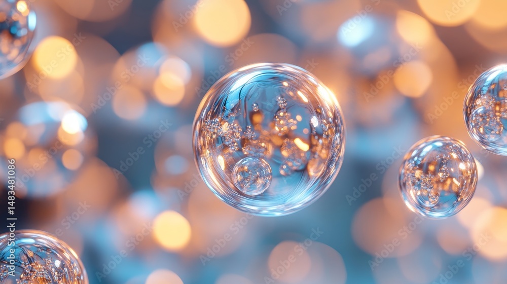 Poster abstract representation of translucent spheres in motion.