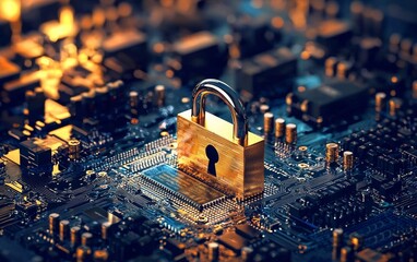 Closed padlock symbolizes security on a circuit board backdrop.
