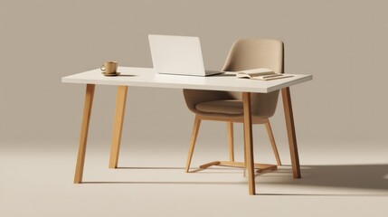 Minimalist workspace with laptop, chair, and accessories