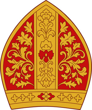 Vector Illustration of Gold and Red Bishop Mitre with Ornate Floral and Christian Cross Pattern &ndash; Catholic Clergy Headdress Clipart