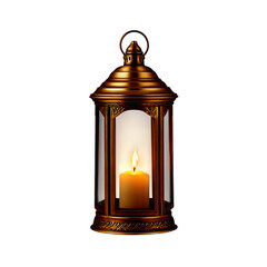Golden lantern with candle flame shining on transparent background