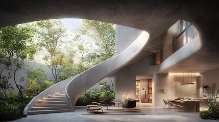 Modern, open-plan home with spiral staircase, indoor garden