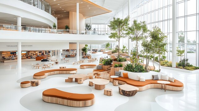 Modern, open-plan interior with natural elements