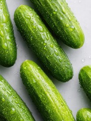 Cucumbers with water droplets, arranged on a clean white surface.