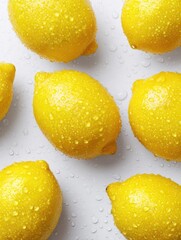 Lemons with water droplets, arranged on a clean white surface.