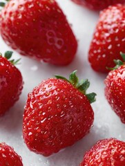 Strawberries with water droplets, arranged on a clean white surface