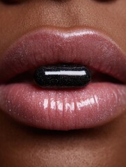 Woman's lips with neutral pink glossy shimmering lip gloss, holding a black and white large oblong pill between the lips