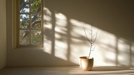 A minimalist living room with a window and a plant in a pot.