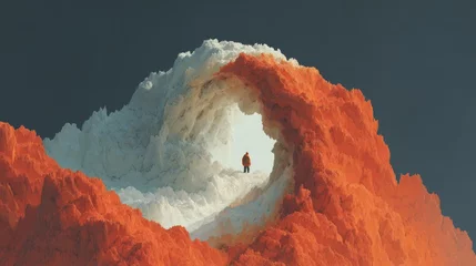 Gordijnen Person standing in a surreal landscape with orange and white mountains © djatu