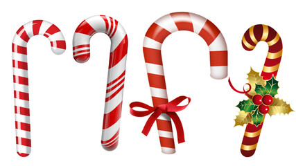 Fototapeta premium Christmas candy canes set with red stripes and holly, festive holiday peppermint sticks collection, 4 vector EPS icons for winter seasonal decor