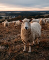Obraz premium A close-up of a sheep standing in a field with a herd in the background