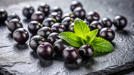 Fresh Acai berries with mint leaves on a slate surface