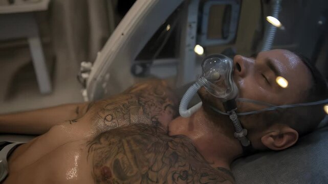 Man resting inside hyperbaric oxygen chamber with face mask, receiving hyperoxygenation treatment in modern clinic setting, skin health