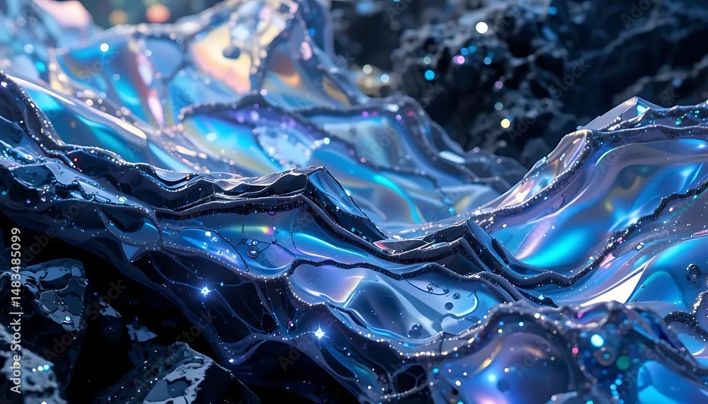 Poster abstract crystalline landscape with iridescent surfaces and luminous particles, showcasing a futuris