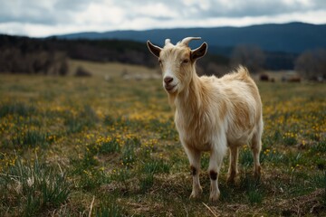Adorable goat standing proudly in a field of wildflowers on a cloudy day