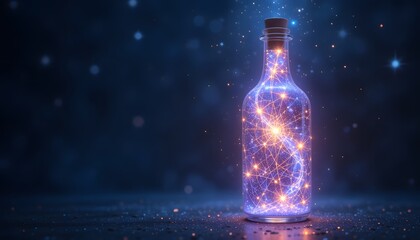 Magical Starlight Potion Glows Within A Slender Glass Bottle. Light Dances As Particles Form Celestial Constellations Inside, Creating A Beautiful, Ethereal Scene. A Captivating Image For Dreams And