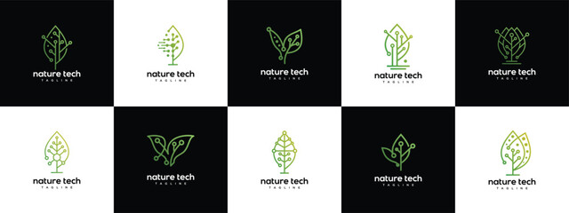 Green leaf technology logo design template collection. Nature leaf digital technology logo design vector icon