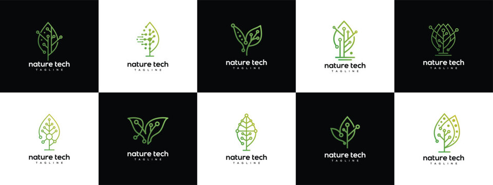 Green leaf technology logo design template collection. Nature leaf digital technology logo design vector icon