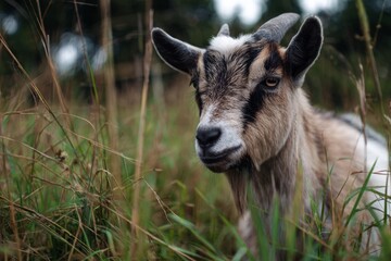 Obraz premium Close-up of a curious goat in a field of tall green grass, outdoors.