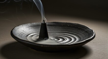 Incense cone burning on a black ceramic plate with smoke rising in a dark setting