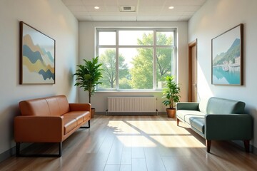 Fototapeta premium Friendly and modern doctor's office waiting area with comfortable seating and natural light , room, hospital, wellness