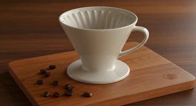 A white ceramic coffee dripper on a wooden board with scattered coffee beans around it