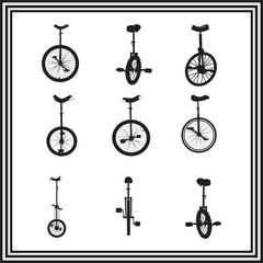 Unicycle silhouette collection – black vector illustrations of unicycles in various styles and views, minimal clipart set © Ridwan arts & icons