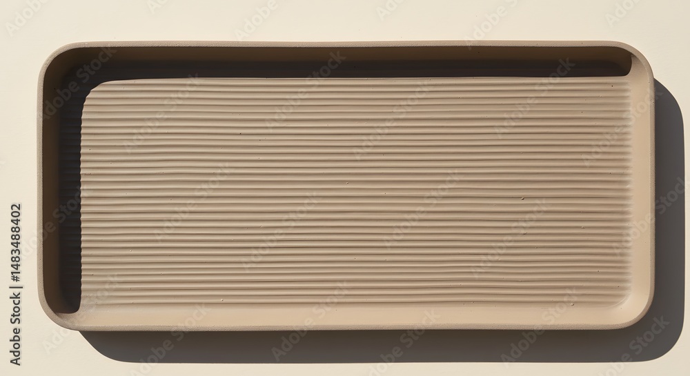 Poster a light brown rectangular tray with horizontal ridges on a light background surface