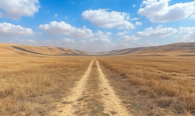 Fototapeta premium A long dirt road stretches through a vast, dry, golden field under a bright blue sky dotted with fluffy white clouds. 