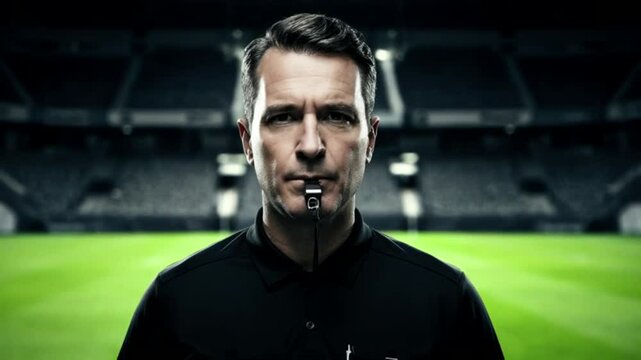 Soccer referee with a whistle in front of a soccer field. Football judge in a black uniform. Sports competition.