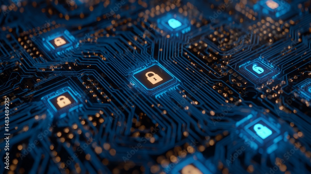 Poster cyber security concept with illuminated circuit board and digital padlock icons.