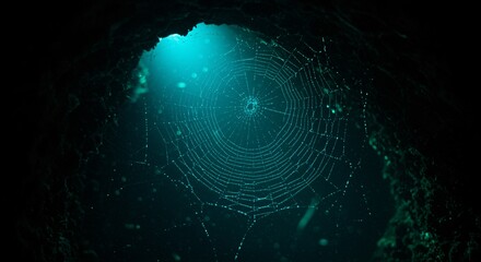 Intricate Spiderweb in a Dark Cave, Illuminated by Light