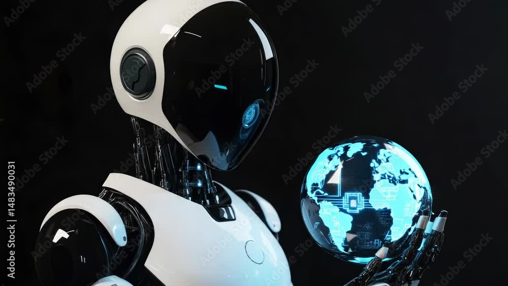 Poster a robot holding a crystal ball, perfect for futuristic or sci-fi concepts