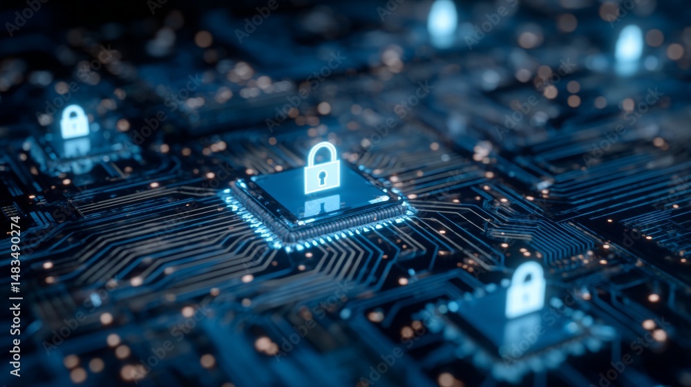 Poster digital security concept with padlock symbols on a computer motherboard background