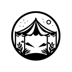 Monochrome Nature Scene: Tent & Mountains Inside Circle