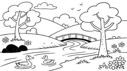Coloring Page Outline Of a cartoon Cute cartoon river. Coloring pages for kids