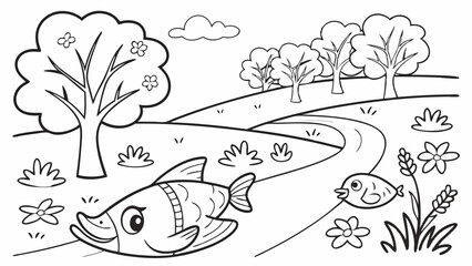 Coloring Page Outline Of a cartoon Cute cartoon river. Coloring pages for kids