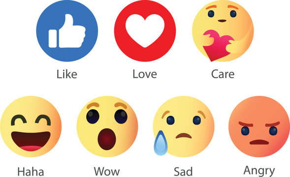 Official Facebook Reactions Vector. Facebook Social Reaction Emojis. Collection of Emoji Reactions for Social Network.