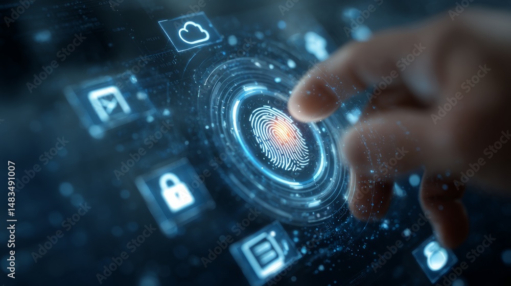 Aufkleber fingerprint scanning technology concept with illuminated digital interface on screen