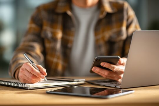 Person Takes Notes while Using a Mobile Telephone and Laptop Computer on a Wooden Desk in an Office Setting - Powered by Adobe