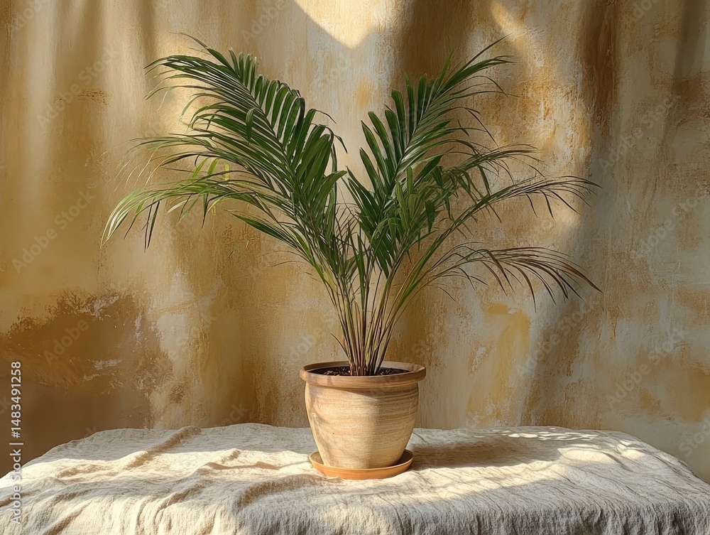 Aufkleber indoor palm tree in a pot with sunlight shining through the window. use it as a background for your 