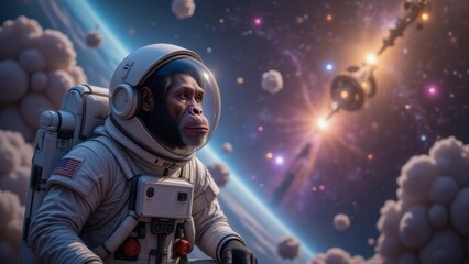 Astronaut Monkey in Space, Earth View, Fantasy Cosmos, Space Exploration, Cute, Adventure