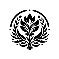 Elegant Floral Crest: Black and White Vector Illustration