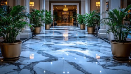 Interior of a luxury hotel lobby with plants, pillars, and marble floors. Use for travel, hospitality, or high-end design concepts.